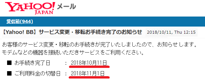 yahooメールの「サービス変更お手続き完了」